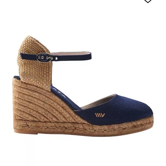 Viscata Espadrille 7.5 Navy/Tan Canvas Wedge Ankle Strap Closed Toe Nautical - Picture 2 of 9